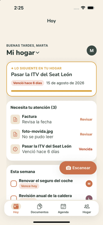 Pantalla de inicio de Havli: la ITV del coche vencida hace seis días, tres cosas que necesitan atención y las tareas de esta semana.