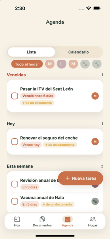 La agenda del hogar agrupada en vencidas, hoy y esta semana, con las tareas que Havli creó a partir de un documento marcadas como tales.